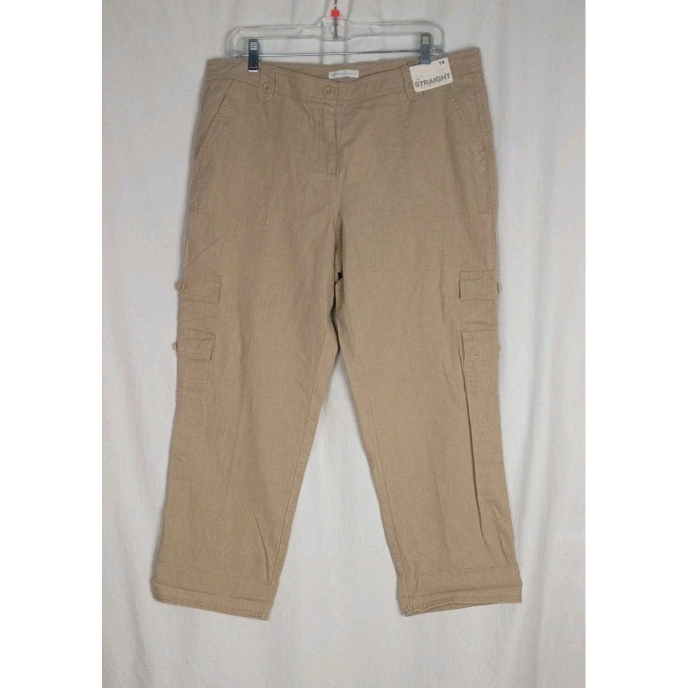 New York & Company Women's Cropped Cargo Pants Linen Blend Size 14 Tan Low Rise